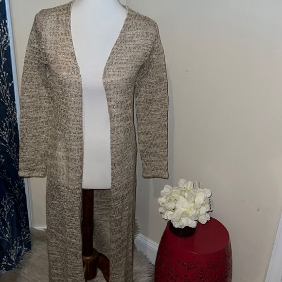 NEW Soft Surroundings Gold Tan Open Weave Open Front Long Cardigan sz Petite XL - Picture 1 of 7